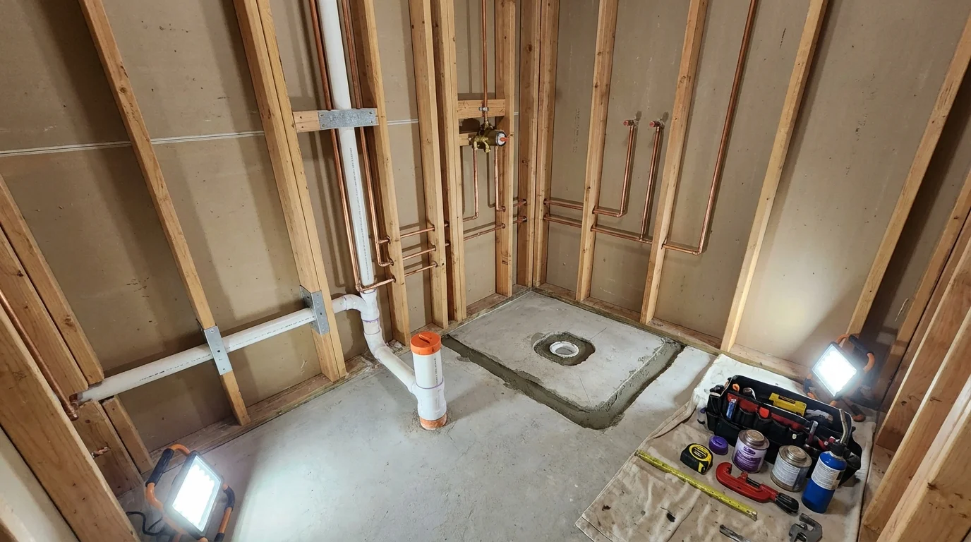 Bathroom rough-in plumbing during remodel by Johns Plumbing LLC in Afton