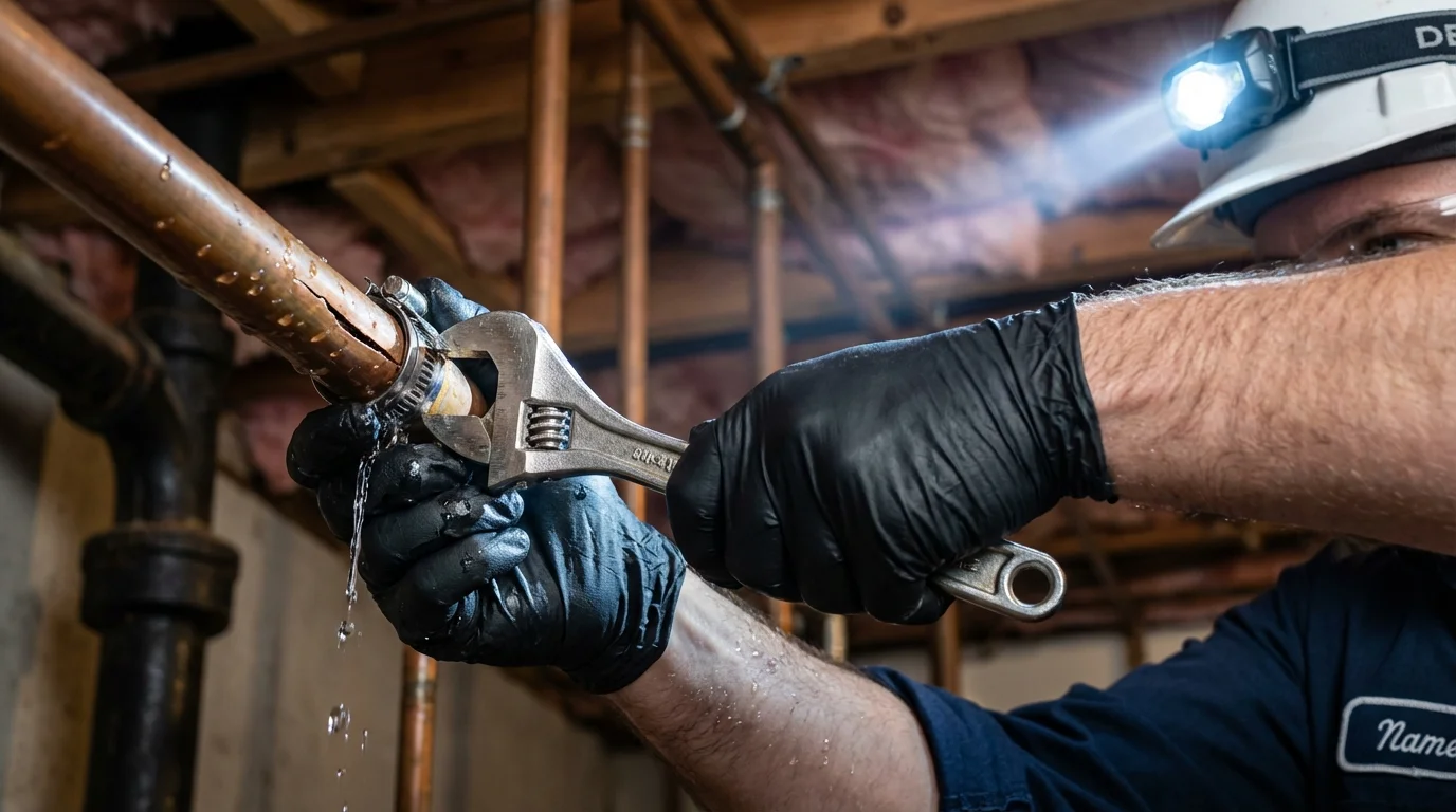 Emergency pipe clamp repair being performed by a Johns Plumbing LLC plumber in Afton