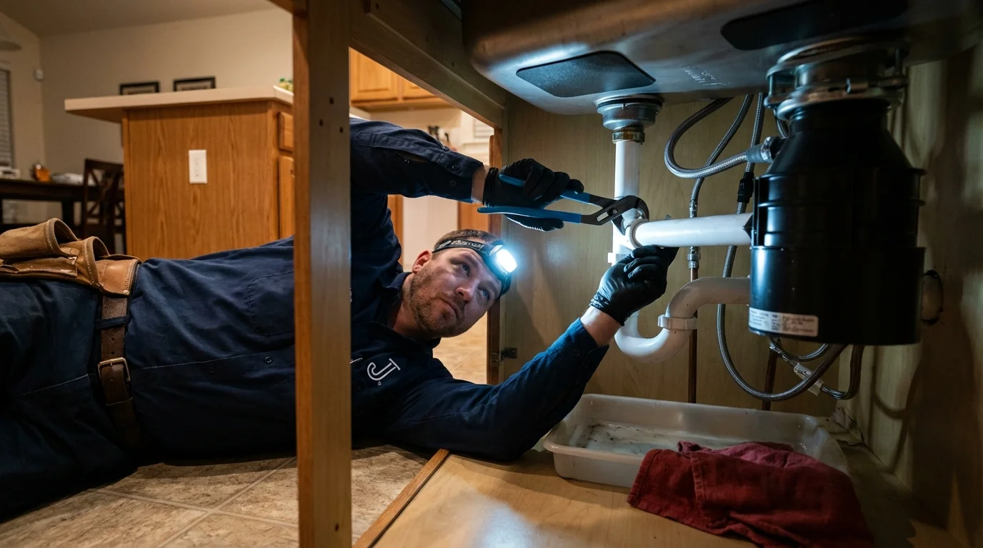 P-trap and supply line connections under a kitchen sink showing a common leak point in Afton, WY